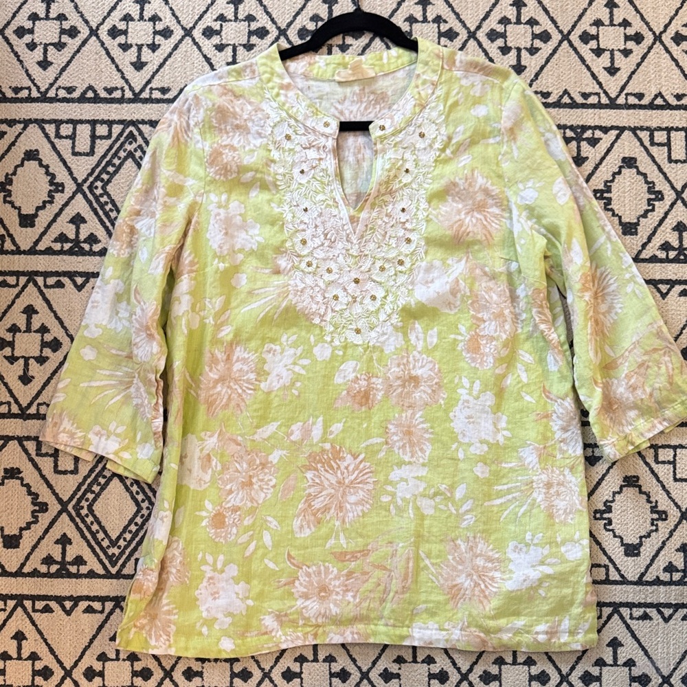 Charter Club Pale Lime Floral Embroidered V-Neck Tunic
